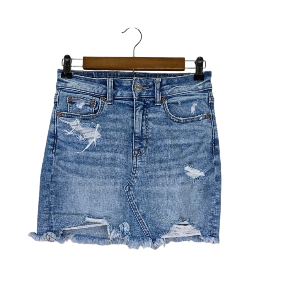 American Eagle Super Stretch  High-Waist Distress Denim‎ Mini Skirt Raw Hem Sz 2